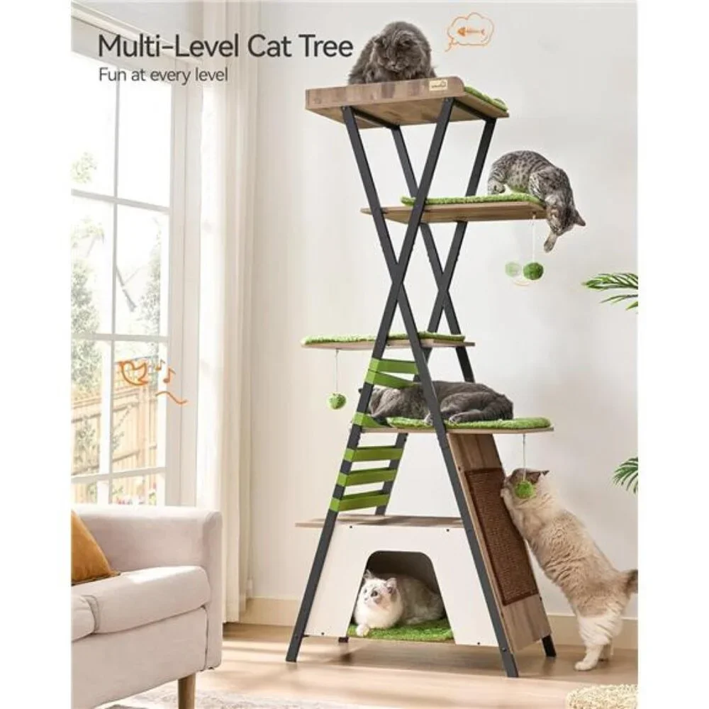 Cat Tree Modern Cat Tower Multi-Level Cat Condo with Cavesable Pads, 72.4